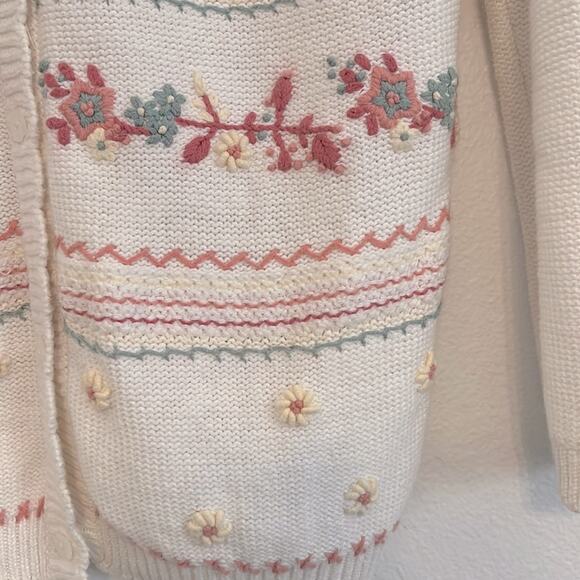 Vintage Knit Cardigan Sweater Small Oversized Knit Roses Grannycore Embroidered - Picture 3 of 6